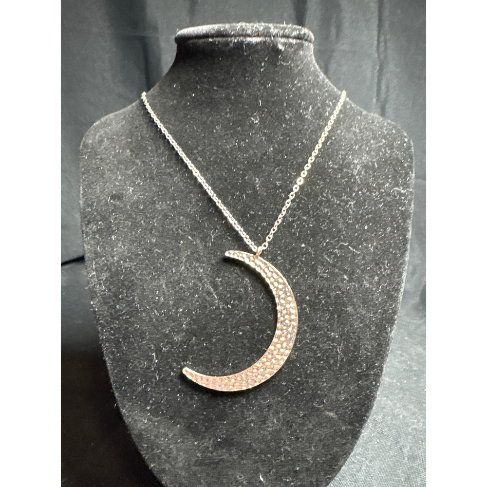Silver Hammered Crescent Moon Pendant Necklace Celestial Boho Long Cable Chain